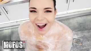 Hot brunette Sofia Lee with huge natural tits gets fucked in the kitchen