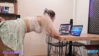 A beautiful blonde babe playing games with a magician at home