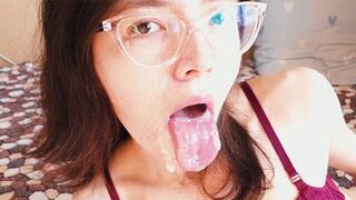 The cute girl is sucking cock and she gets a lot of sperm on her face