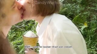 Don't lick the ice cream, suck my dick instead! A young and sexy nympho is begging for cock!