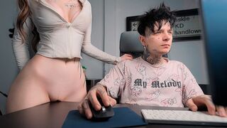 A girl rubs her pussy on the table and fucks a big dick