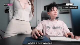 A girl rubs her pussy on the table and fucks a big dick
