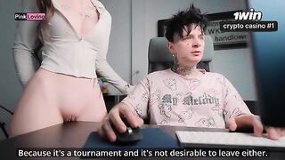 A girl rubs her pussy on the table and fucks a big dick
