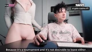 A girl rubs her pussy on the table and fucks a big dick