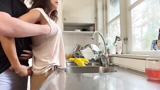 A hot and mature woman with big boobs was fucked in the kitchen