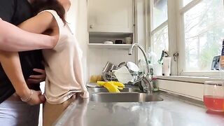 A hot and mature woman with big boobs was fucked in the kitchen