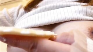 A girl with big boobs masturbates her pussy, squeezing it hard until she reaches a powerful climax