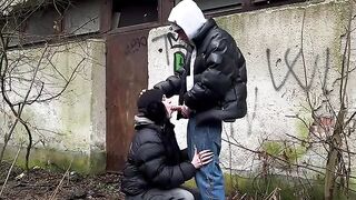 The girl was caught outdoors, exposed in a passionate and risky act