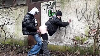 The girl was caught outdoors, exposed in a passionate and risky act
