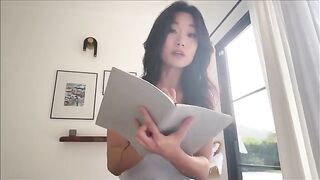 Asian step sister shares her bed with her nerdy friend during a study break