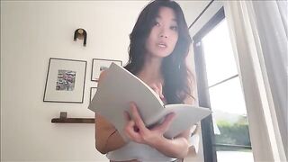 Asian step sister shares her bed with her nerdy friend during a study break