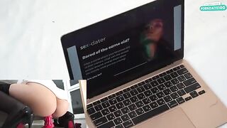 A hot brunette is caught masturbating at her workplace, showcasing her flexibility