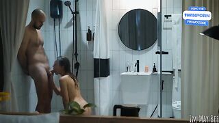 A couple enjoyed each other in the shower stall, but it was too small