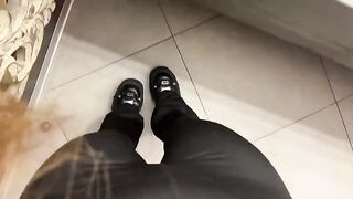 A girl was jerking off in the restaurant toilet, her boobies bouncing