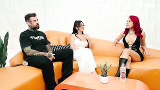 Two girls divide a strong cock during an interview with Adam22