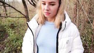 Petite teen Ava Monn risks getting caught for blowjob in the forest