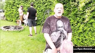 Voyeur girl got her pussy and mouth full of cum outdoors