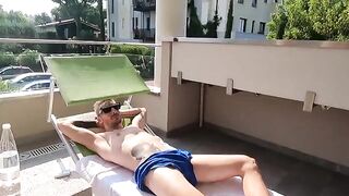 The beautiful girl has sex with a young man on the balcony of the villa