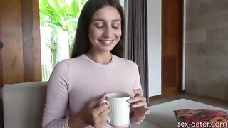 A hot brunette comes for tea and ends up with a big cock in her mouth