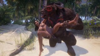 Big-boobed girl gets her pussy railed by two horny monsters