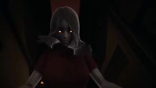 The girl with a red eye scares Alma in cowgirl pose from POV